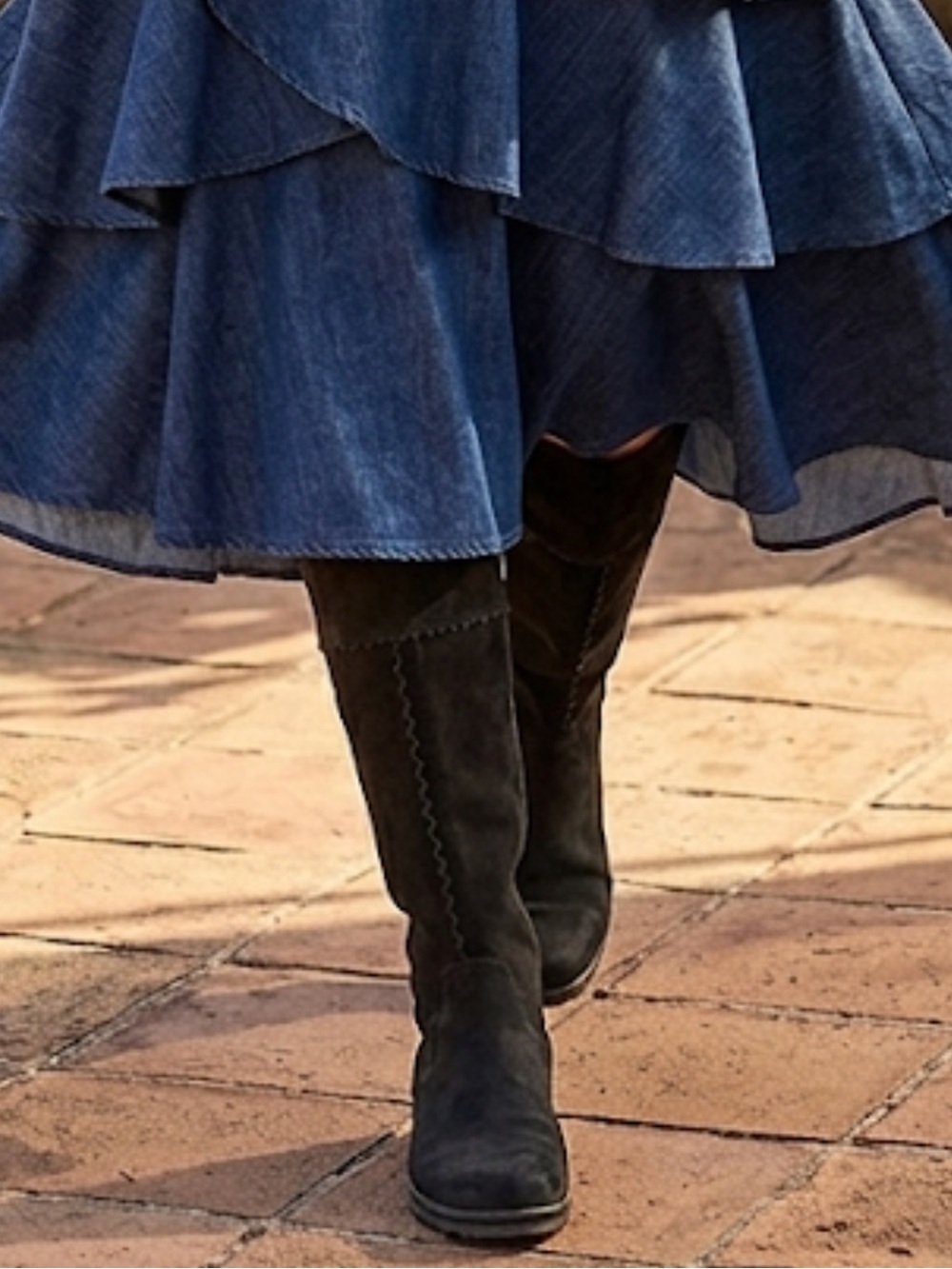Arche Layered Denim Midi Skirt in Deep Blue